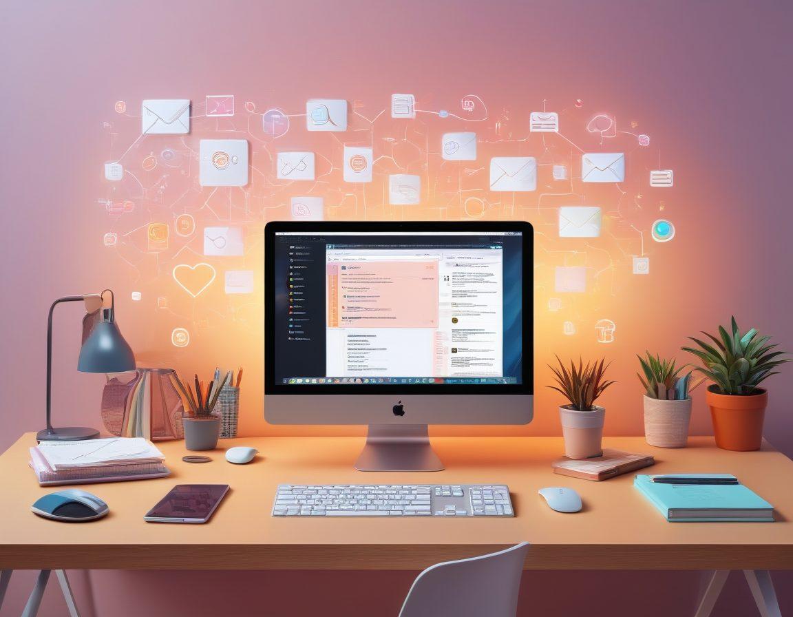 A modern workspace featuring a sleek computer with an open email management interface on the screen, alongside a vibrant notepad filled with creative blog ideas. The background shows subtle elements of digital connectivity, such as glowing data streams and icons, symbolizing the power of technology in communication. Warm and inviting colors to create an inspiring atmosphere. super-realistic. vibrant colors. 3D.