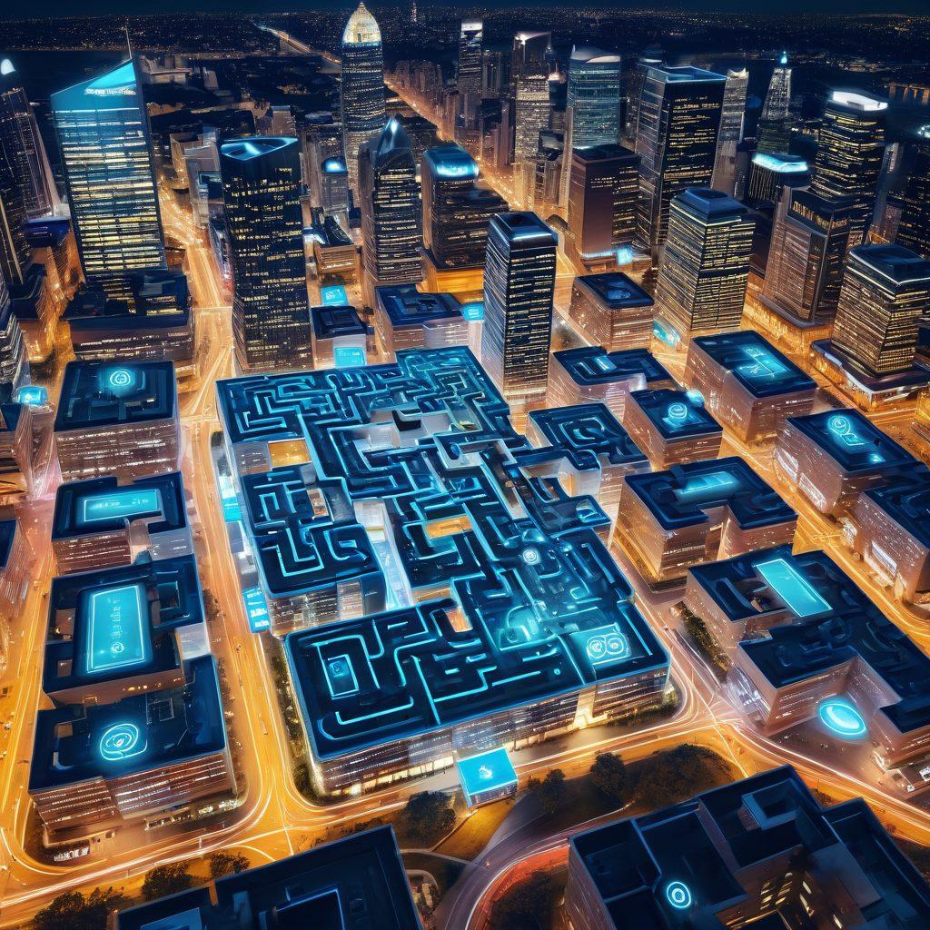 A digital maze illustrating a user navigating through various email features, with Optus Webmail branding subtly included. Include icons of organization, communication, and efficiency scattered throughout the maze. The background should feature a futuristic city skyline symbolizing connectivity and progress. Use bright, inviting colors to create an engaging atmosphere. super-realistic. vibrant colors. 3D.